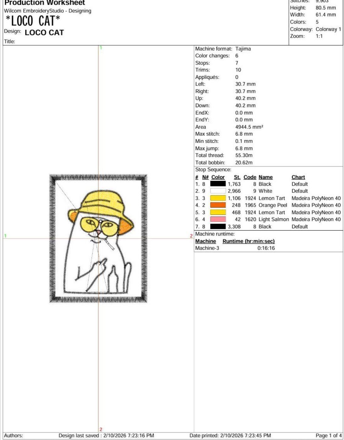Production worksheet with stitch plan and thread sequence