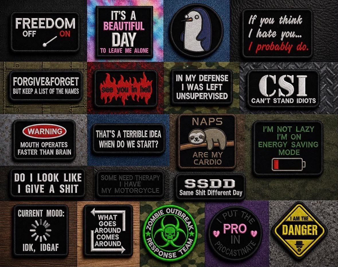 A wall of slogan patches in bold lettering