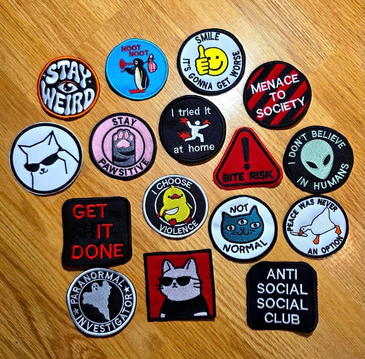 A spread of finished slogan and character patches