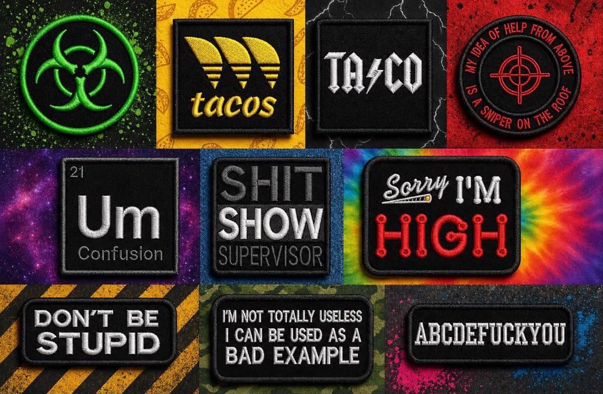 Slogan patches in bold block lettering