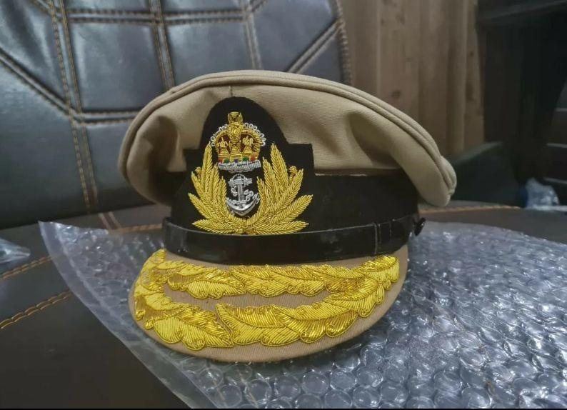 Khaki naval officer cap with wreath badge and bullion peak