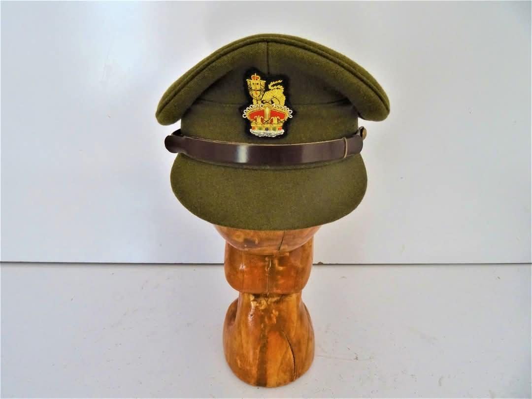 Olive army officer cap with crown and lion device