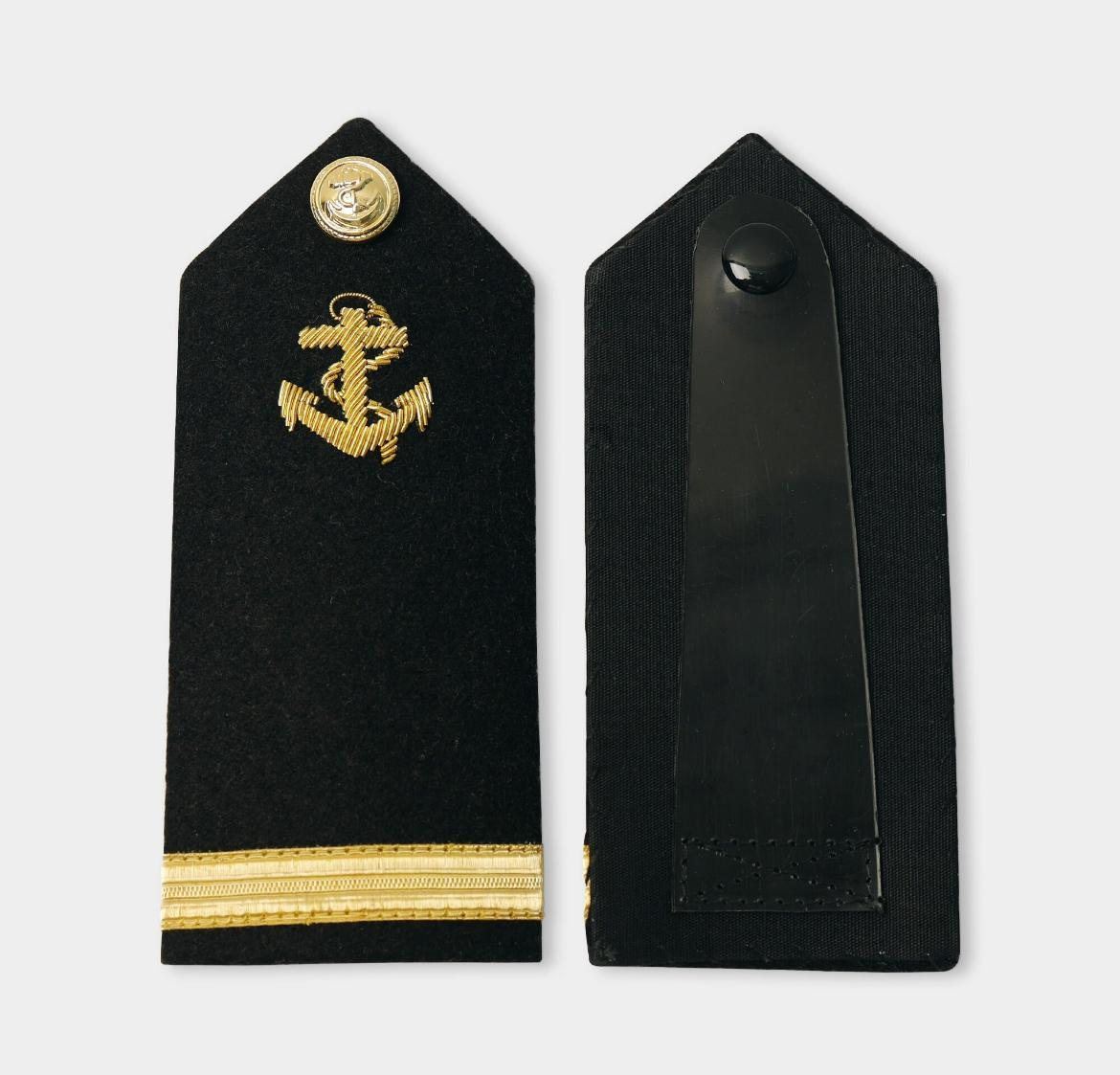 Navy shoulder board, gold anchor and rank stripe, front and back