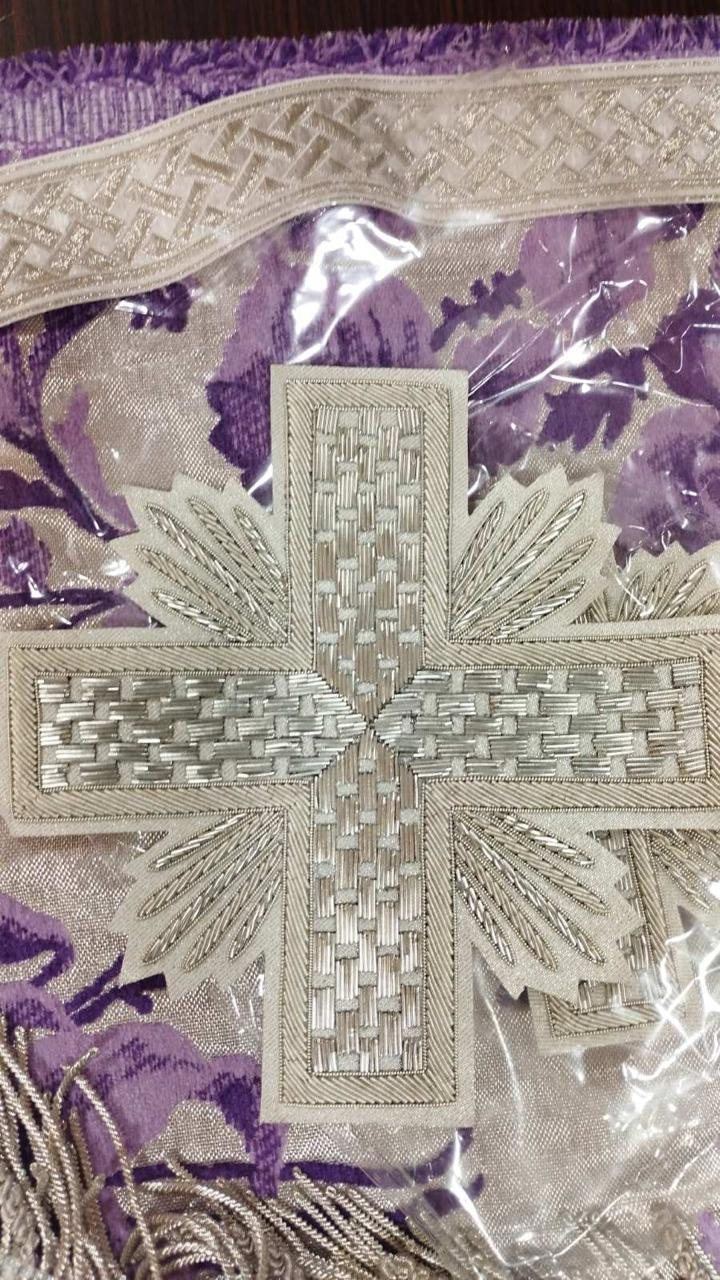 Silver basket weave cross with matching woven trim