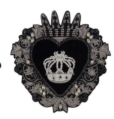 Black sacred heart crest with crown in silver beadwork