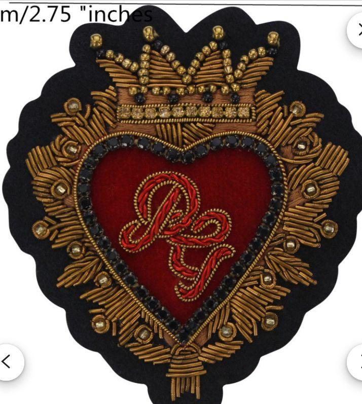 Crowned heart with monogram, antique gold fringe and crystal rows