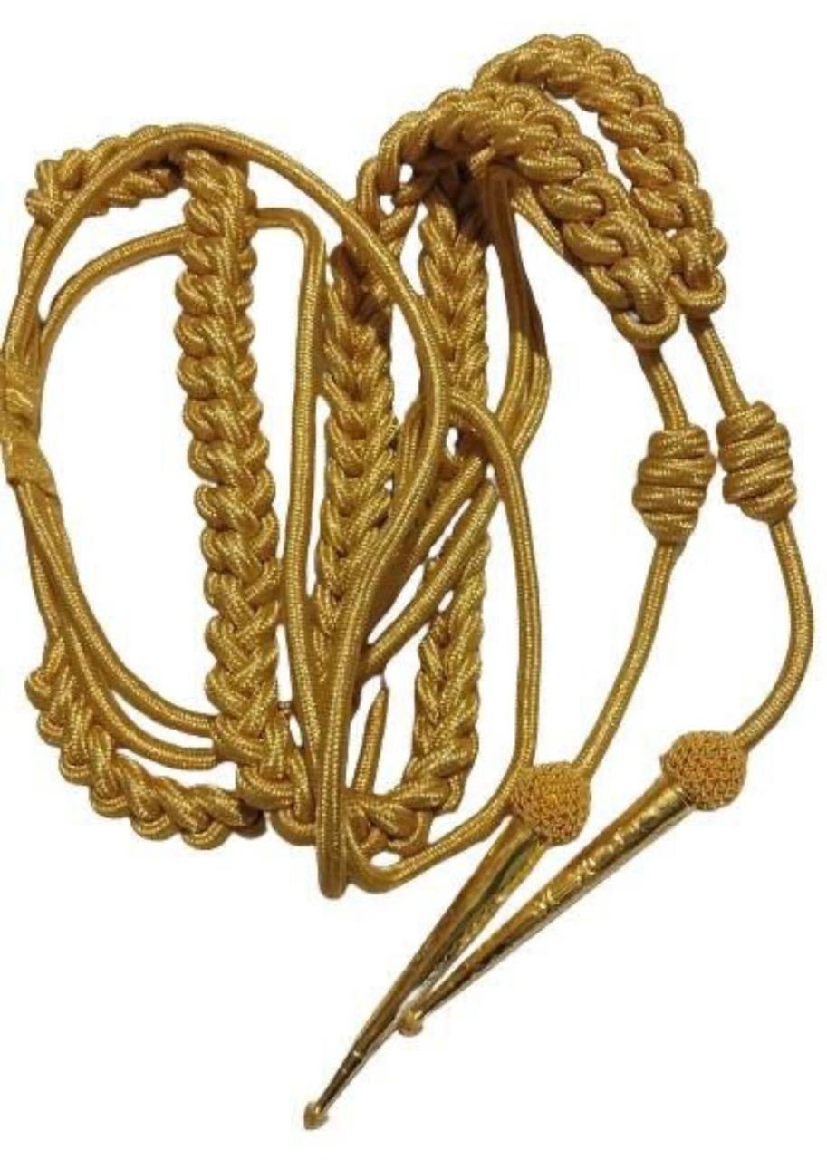 Full aiguillette in gold cord with engraved metal tags
